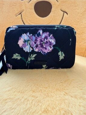 Vera Bradley Black Quilted Cosmetic Wristlet with Purple Floral Print